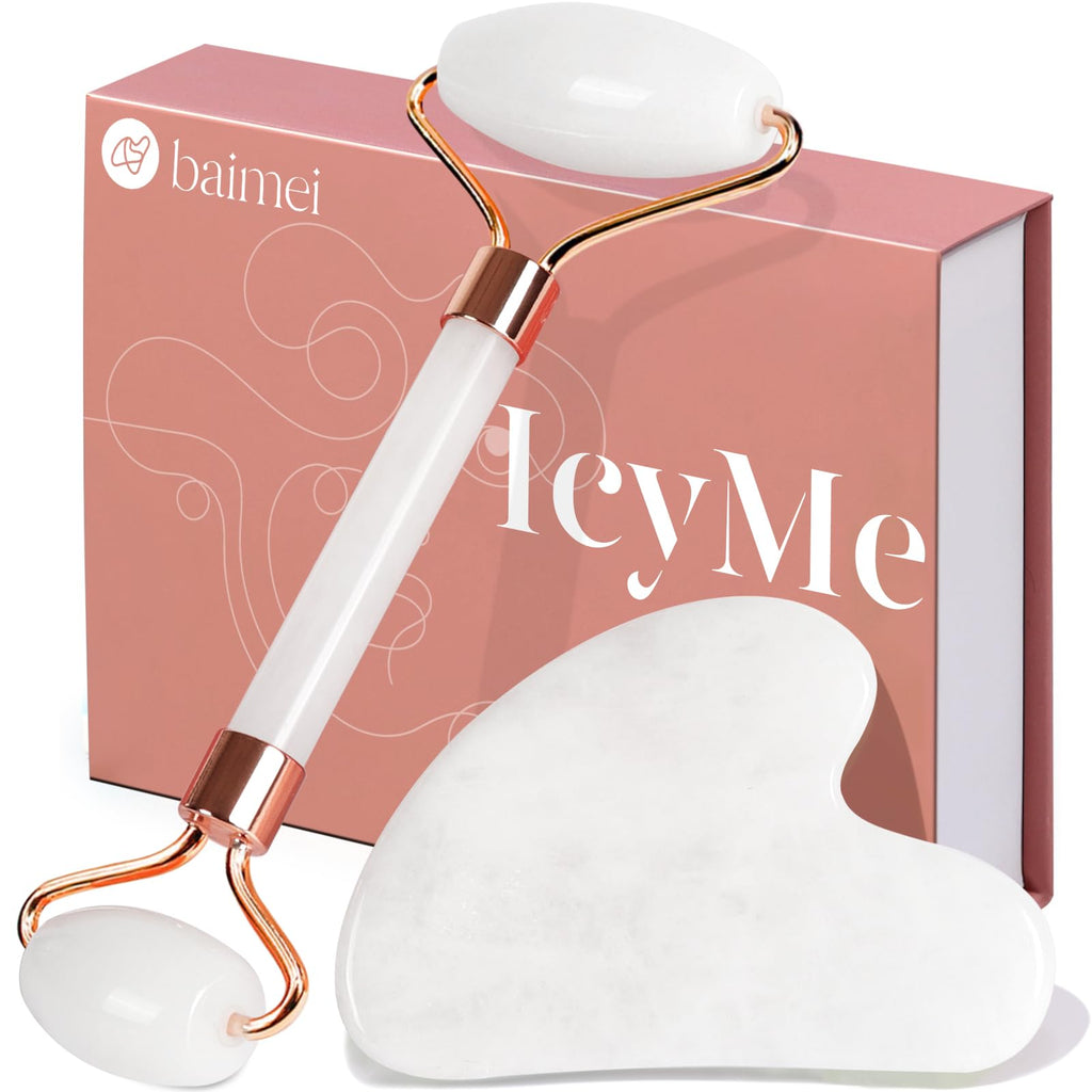 BAIMEI IcyMe Gua Sha & Jade Roller Set for Facial Sculpting and Relaxation | Cooling Face Roller & Guasha Tool for Face Depuffing & Jawline Definition, Beauty Skin Care Tool Gifts for Women–Green