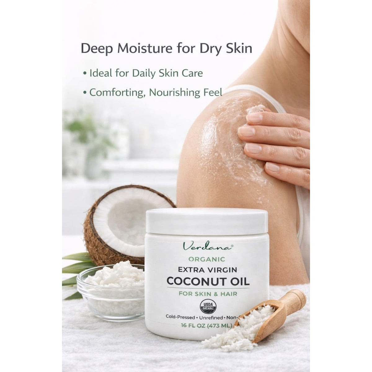 Verdana Organic Coconut Oil for Skin & Hair, Extra Virgin Unrefined Cold Pressed, Rich Moisturizer for Dry Skin & Body, USDA Organic, 16 fl oz Jar
