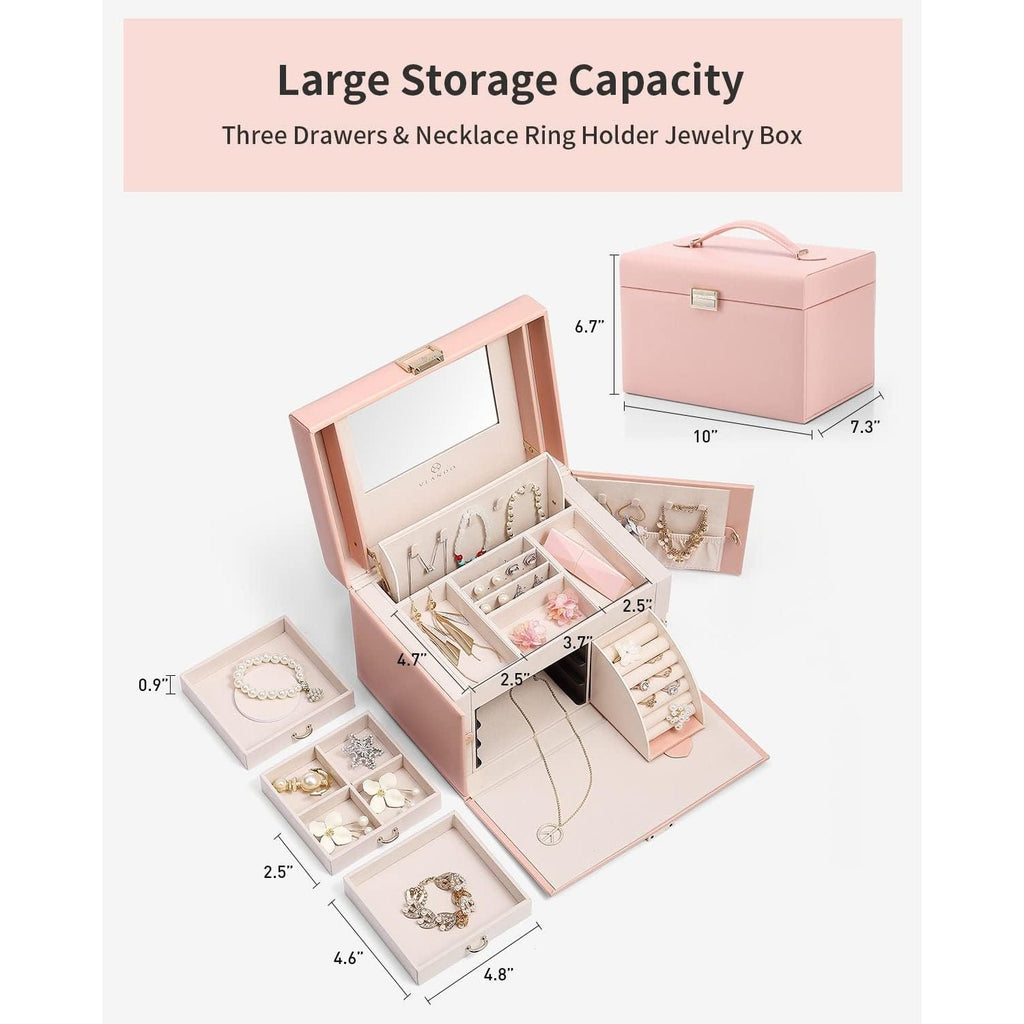 Buy now Vlando Jewelry Box Organizer for Girls Women, Large Baroque Jewelry Holder Organizer with Mirror, 3 Drawers for Bracelets, Earrings, Rings, Necklaces, Mothers Day for Loved One, Pink at indiglob india