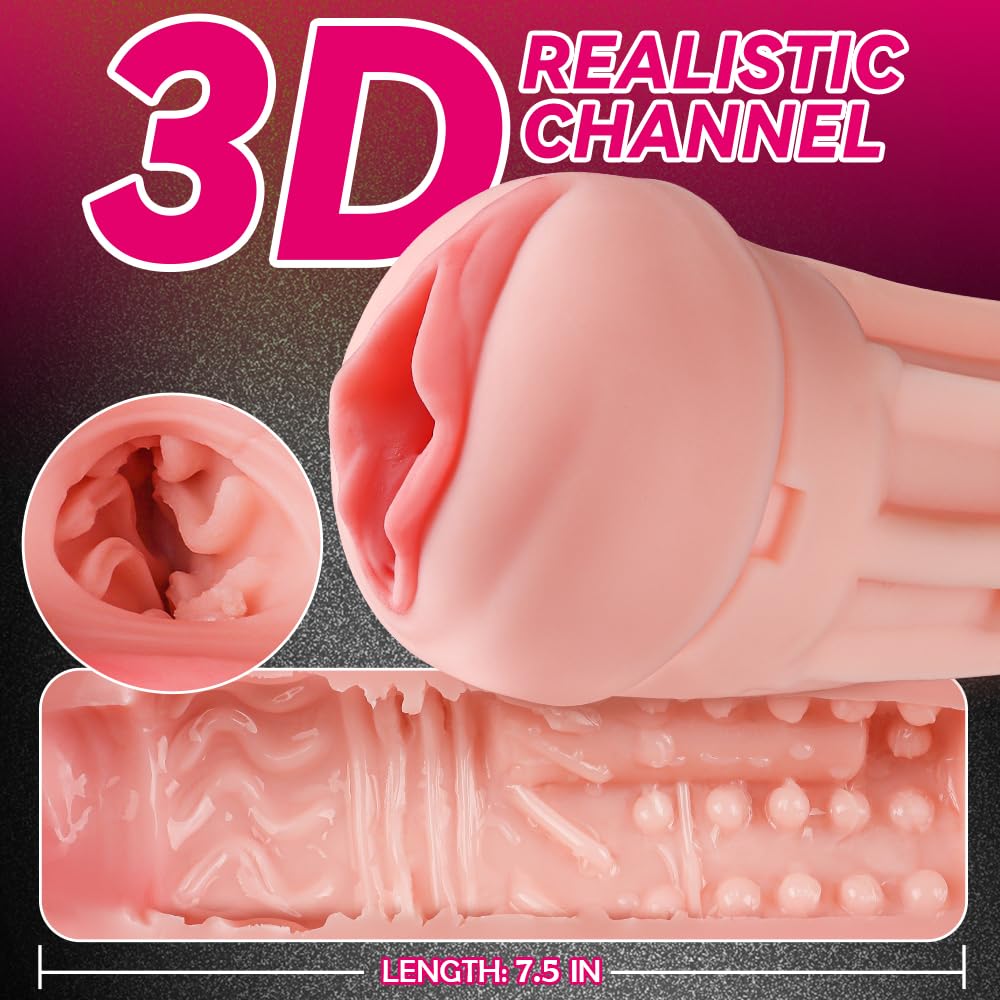 Male Masturbator Cup, Quiet Adult Sex Toys for Men Realistic Pocket Pussy Vagina Textured with 7.5in Depth Soft and Manual Sex Machine, Erotic Massage Gels