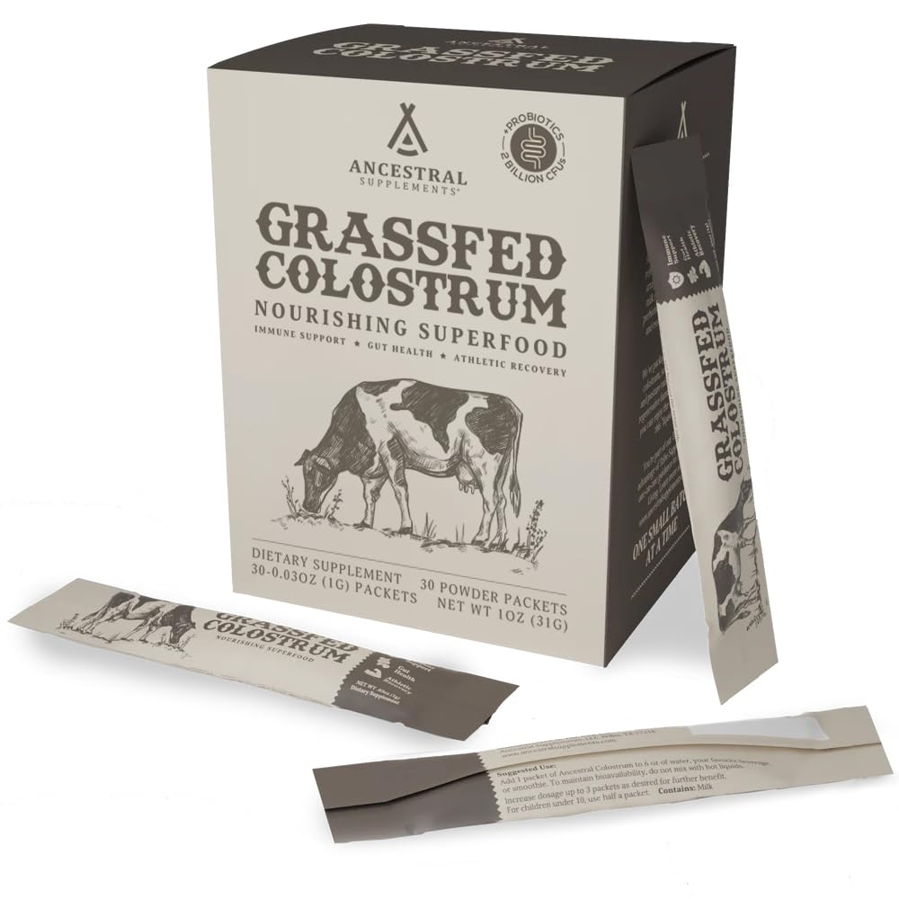 Ancestral Supplements Grass Fed Beef Colostrum Supplement, 3000mg, 180 Ct | Bovine colostrum capsules support immune health, gut health, athletic performance and healthy iron levels.