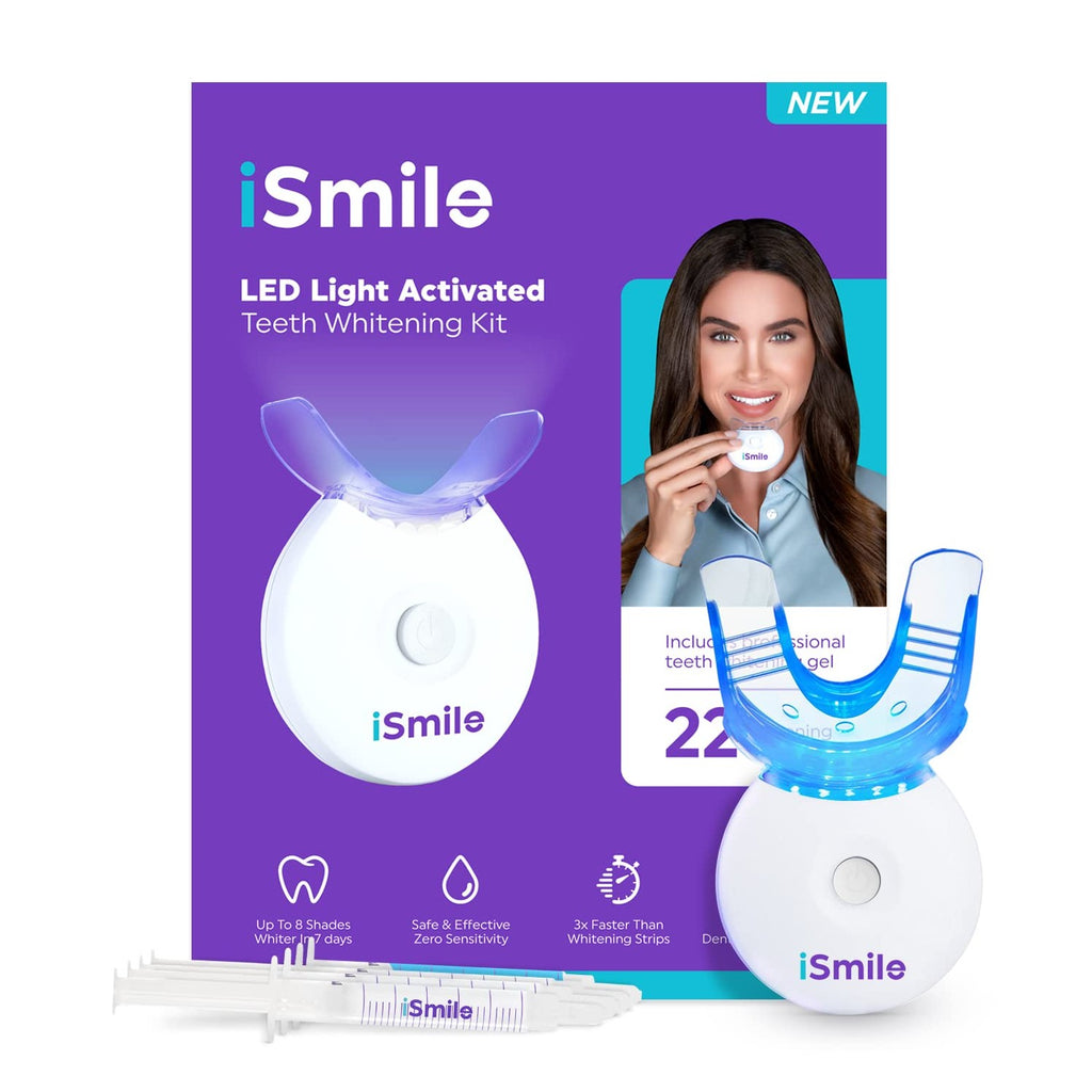 iSmile Teeth Whitening Kit - LED Light, 35% Carbamide Peroxide, (3) 3ml Gel Syringes, (1) Remineralization Gel, and Tray.