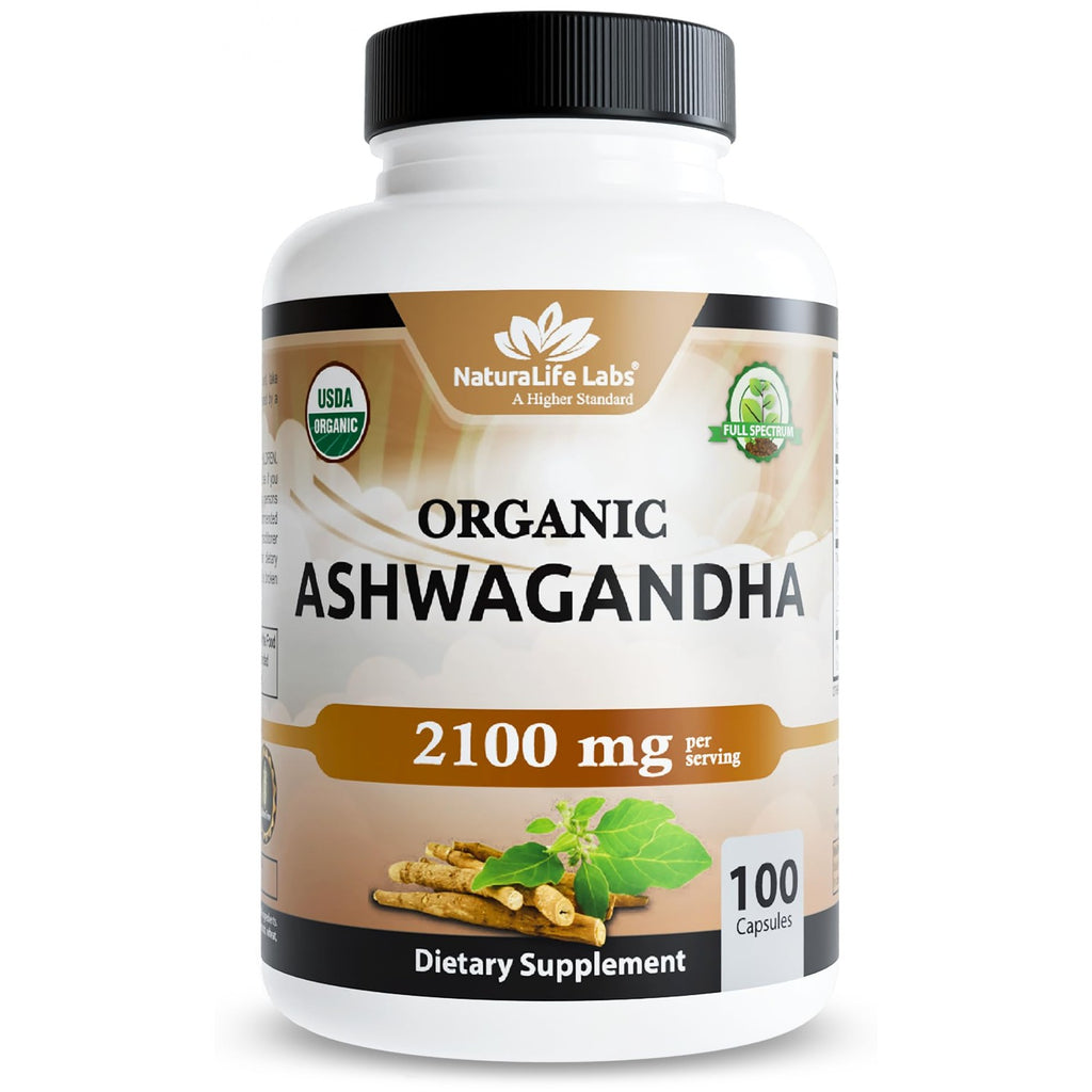 NaturaLife Labs Organic Ashwagandha 2100 mg per Serving – Full Spectrum Root Powder and Standardized Extract (Withanolides) – 100 Capsules – Vegan – Non-GMO, Gluten-Free