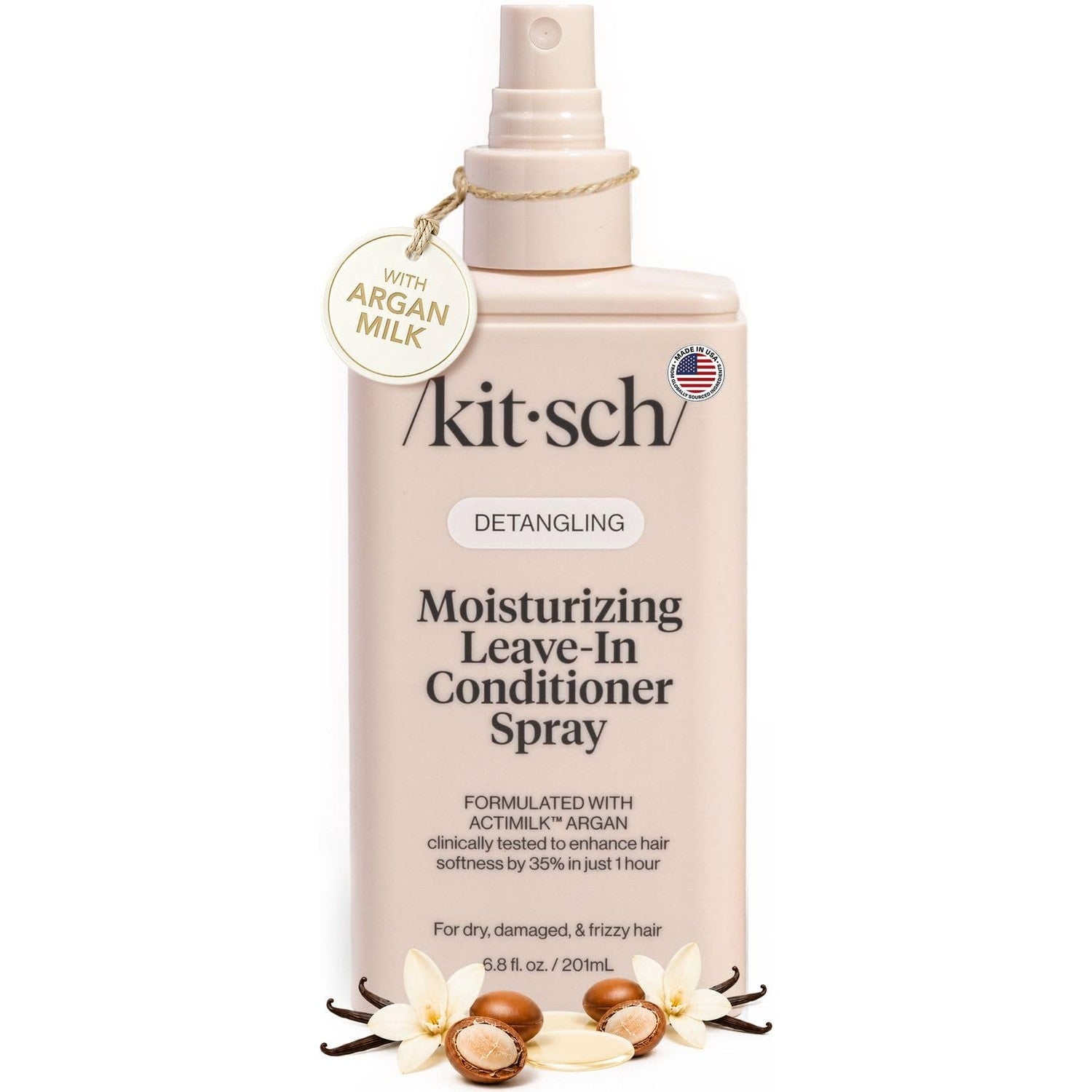 Kitsch Argan Milk Leave In Conditioner Spray - 6.3oz | Hair Detangler Spray for Curly, Wavy, Fine, Dry & Damaged Hair Deeply moisturizes, Enhances Hair Softness – Made in the USA