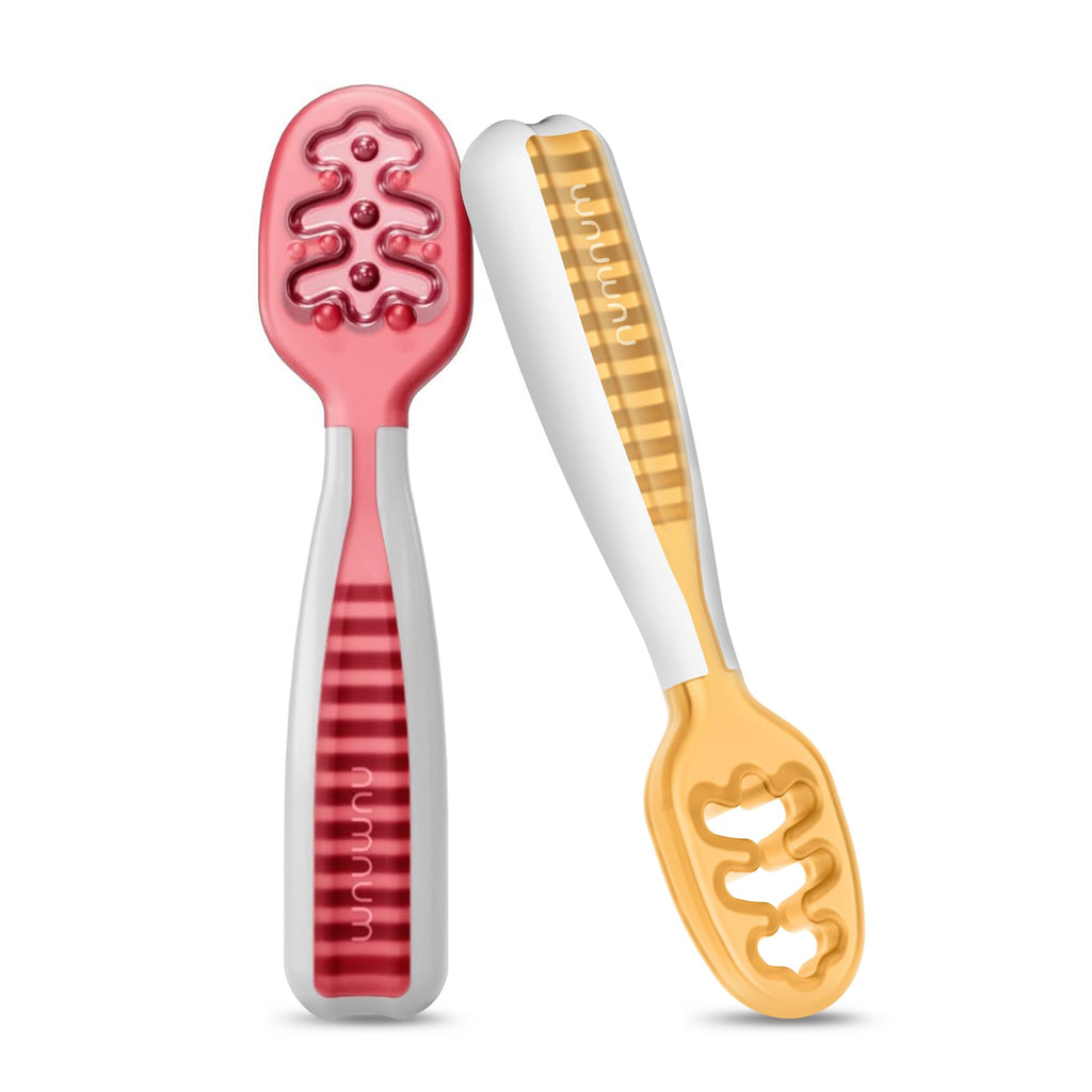 Buy now NumNum Baby Spoons Set, Baby Essentials Pre-Spoon GOOtensils for 6+ Months, First Stage Self-Feeding Spoons for Baby Led Weaning (BLW), Silicone Toddler Utensils, BPA-Free, 2 Pack Gray/Green 17 - Red Orange 2 Spoons at indiglob india
