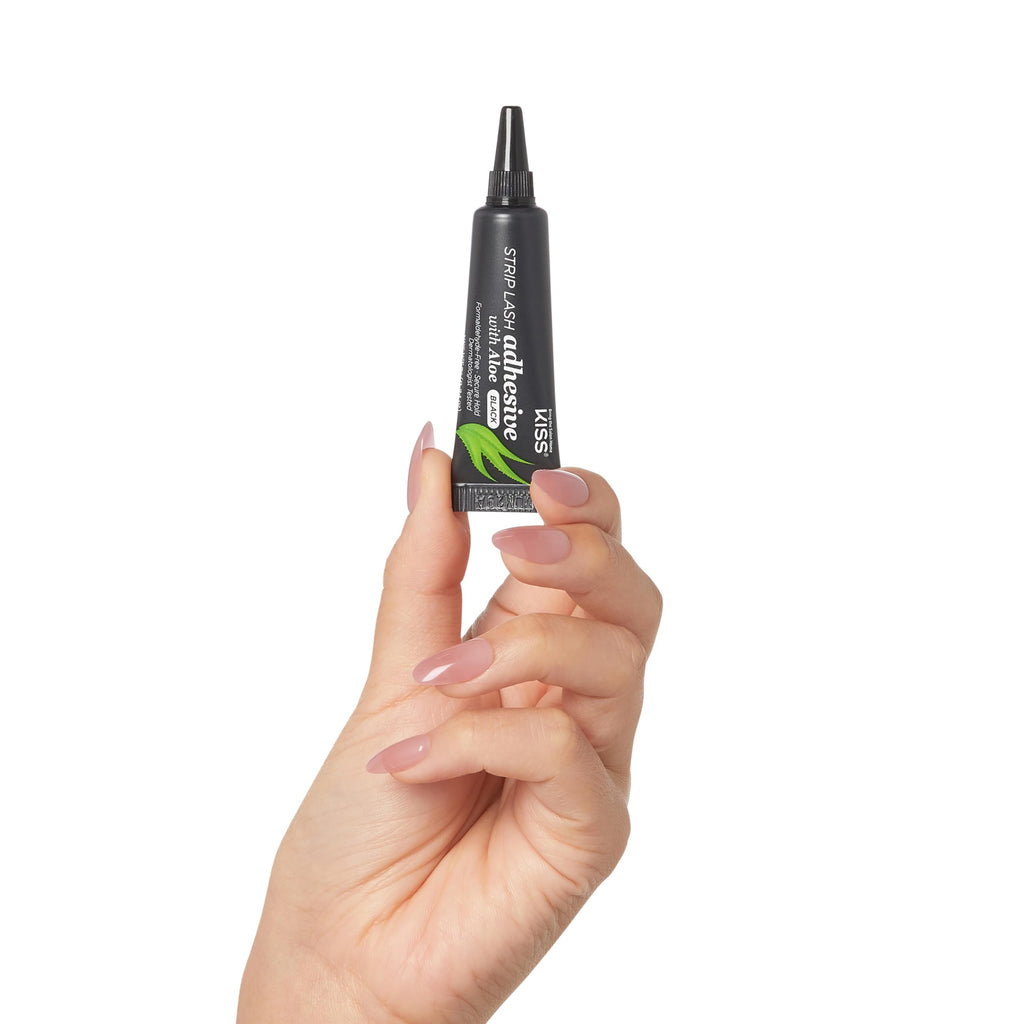 Kiss Black Strip Lash Adhesive with Aloe, Dermatologist Tested, Formaldehyde Free, Non-Irritant, Contact Lens Friendly, Secure Hold, Contains Latex, with Control Nozzle Tip, 0.24 Ounce