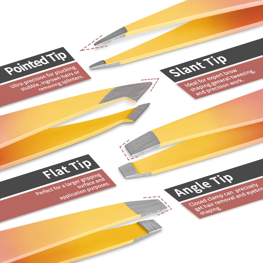TsMADDTs 7 pcs Tweezers Set for Women Facial Hair, Precision Tweezer for Eyebrows with Curved Scissor and Eyebrow Razor for Ingrown Hair, Pink&Yellow