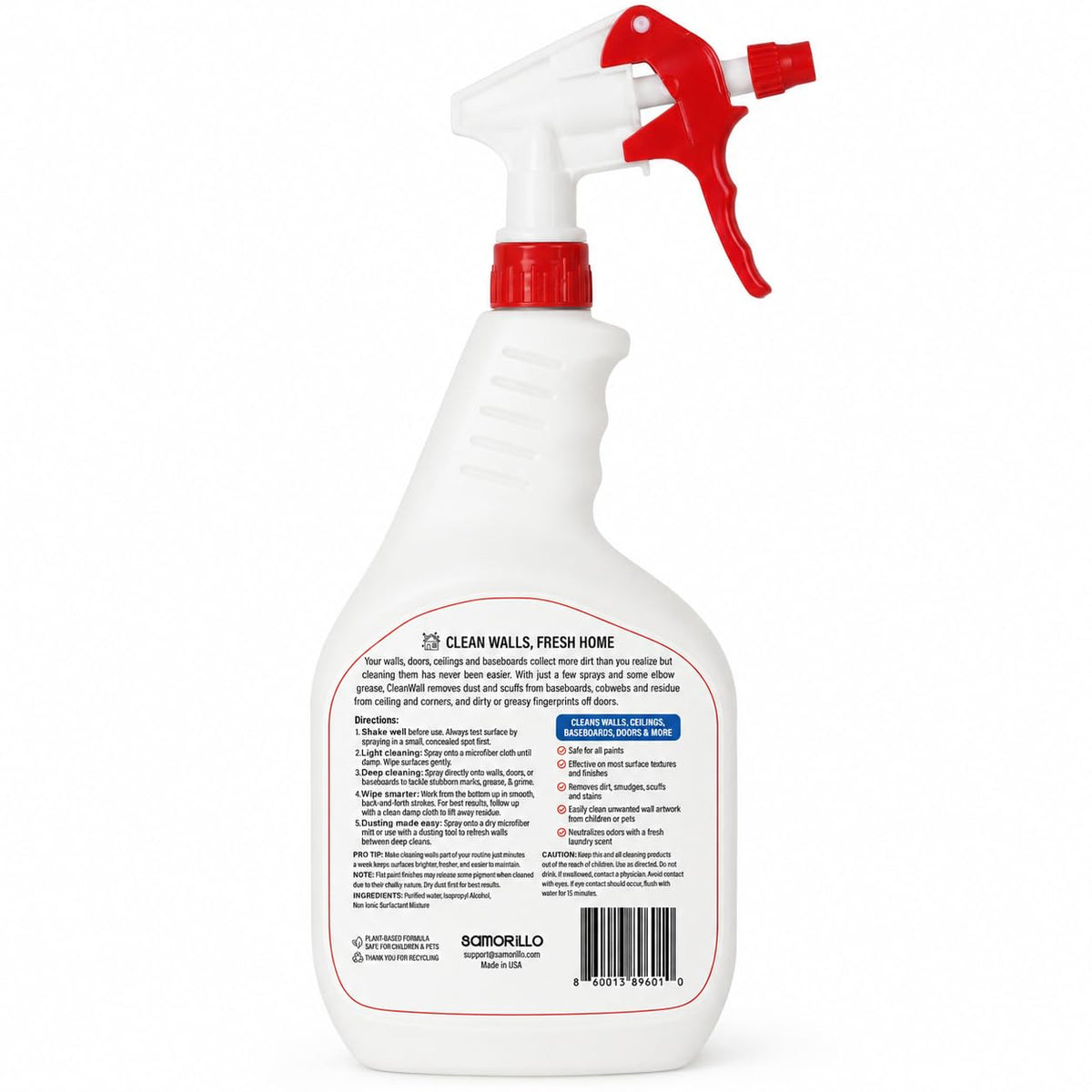 CleanWall Wall, Door & Baseboard Cleaner Spray – 32 oz Multi-Surface Formula Safe for Painted Walls – Made in USA – Family-Friendly – Tackles Everyday Kid Messes like Handprints, Smudges & Crayon