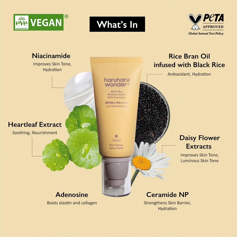 haruharu Black Rice Moisture Airyfit Daily Sunscreen SPF50+ 1.69 fl.oz. | No White Cast, Lightweight Application, Hydrating, Hyaluronic Acid, Ceramide, Sensitive Skin, Korean Skin care