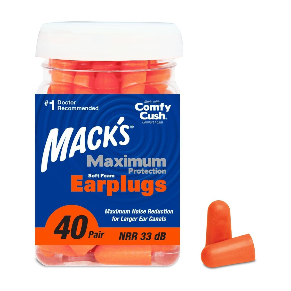 Mack’s Maximum Protection Soft Foam Earplugs – 40 Pair, 33 dB Highest NRR – Comfortable Ear Plugs for Sleeping, Snoring, Loud Concerts, Motorcycles and Power Tools | Made in USA