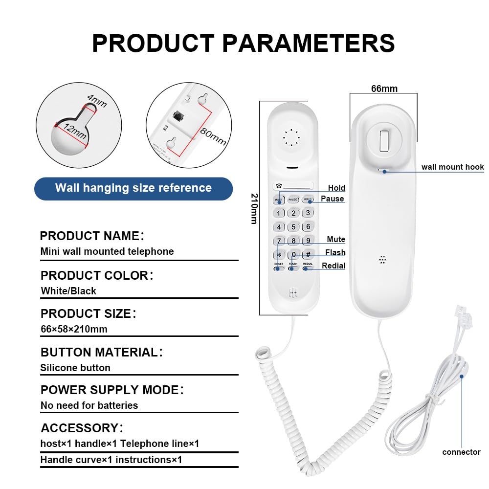 White OF-990 Slimline Wall-Mountable Basic Corded Telephone No AC Power Required