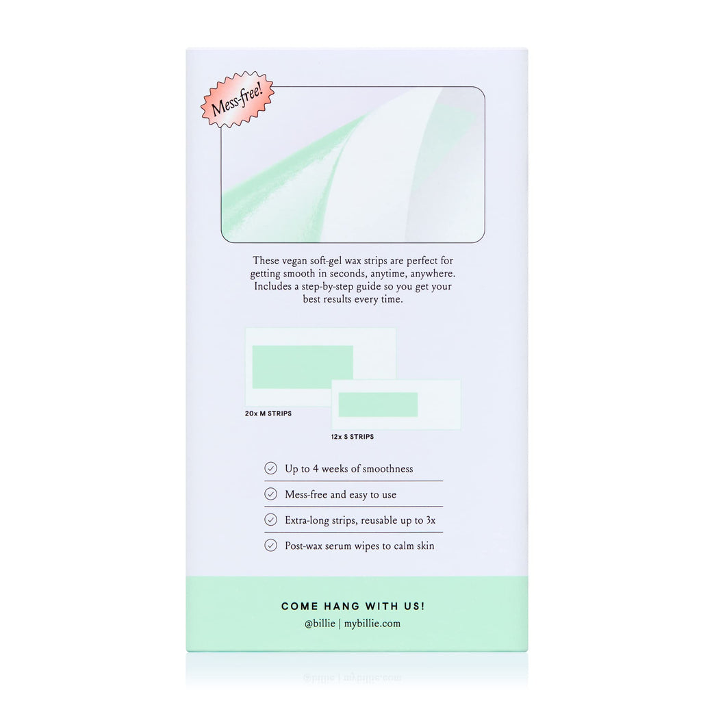 Billie Wax Kit - Face & Bikini - 32 wax strips - 6 post-wax serum wipes | Soft wax strips for hair removal, Lasts up to 4 weeks, No heat, Made with avocado oil, Includes post-removal wipes, Vegan