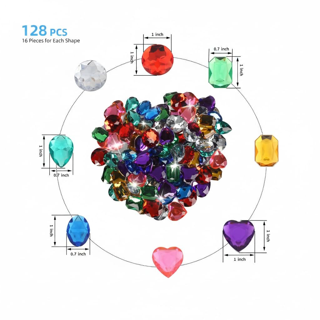 128Pcs Large 1 Inch Acrylic Diamond Jewels for Crafts, Flat Back Gems with 140 Adhesive Dots, Stick on Pirate Treasure Chest Fillers, Assorted Colorful Stones for DIY Projects