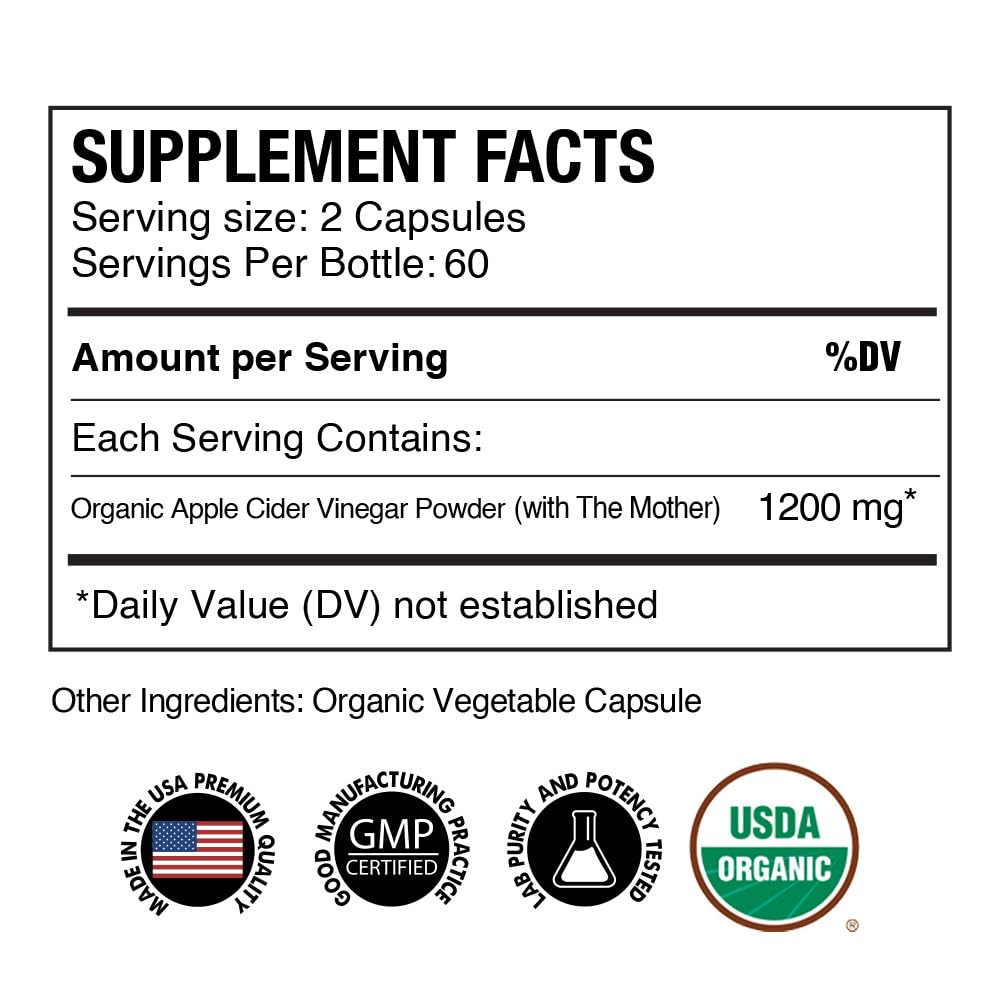 Organic Apple Cider Vinegar with The Mother – 1200mg Capsules for Optimal Wellness, Gluten-Free, Non-GMO, 120 Veggie Capsules – Zealthy Life