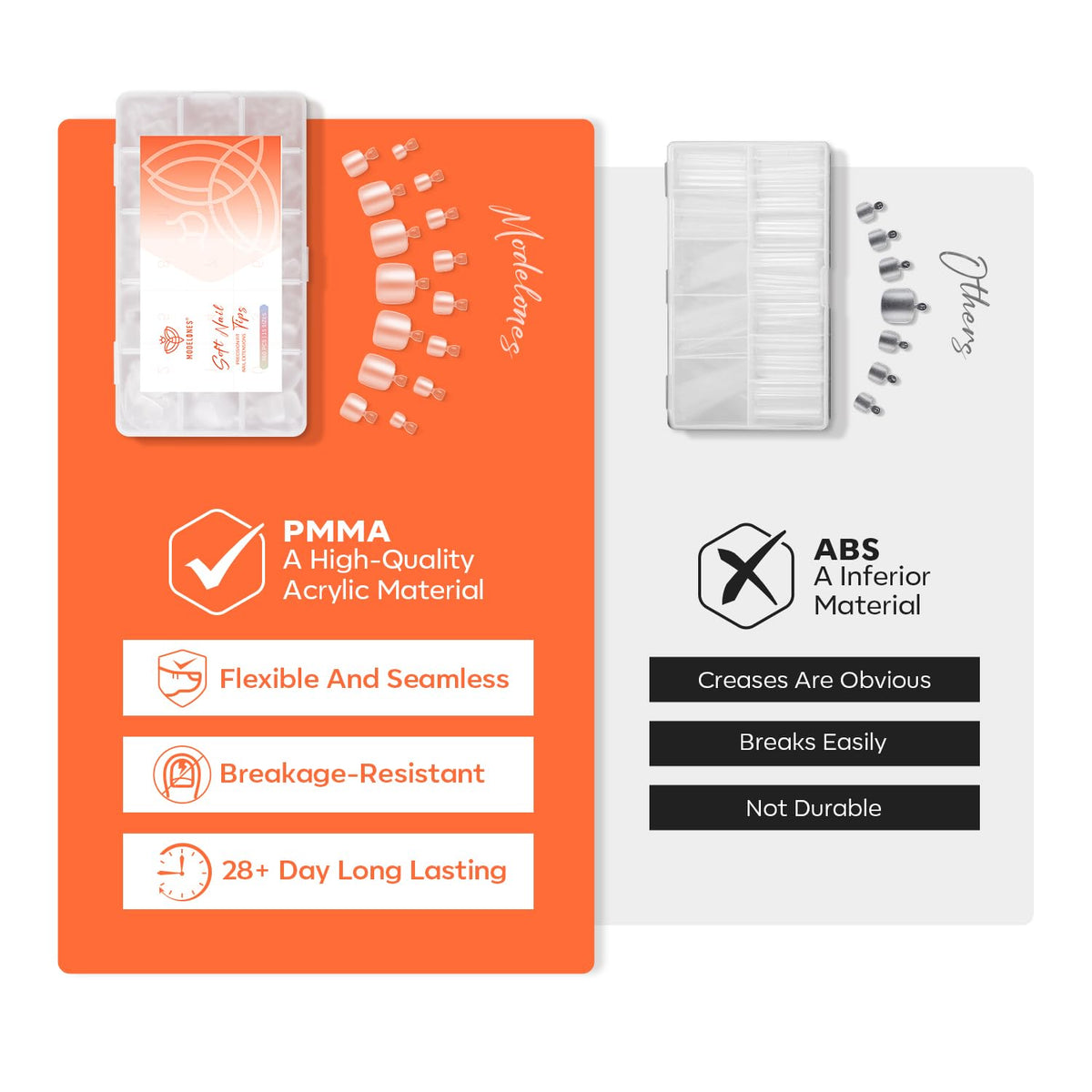 Premium imported Modelones short almond nail tips, made of flexible PMMA for lasting wear and breakage resistance.