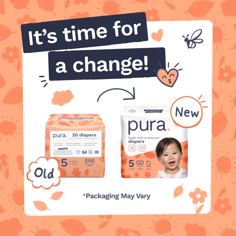 Pura Baby Diapers Size 5 (27-35 lbs) 96 Count Sensitive Skin