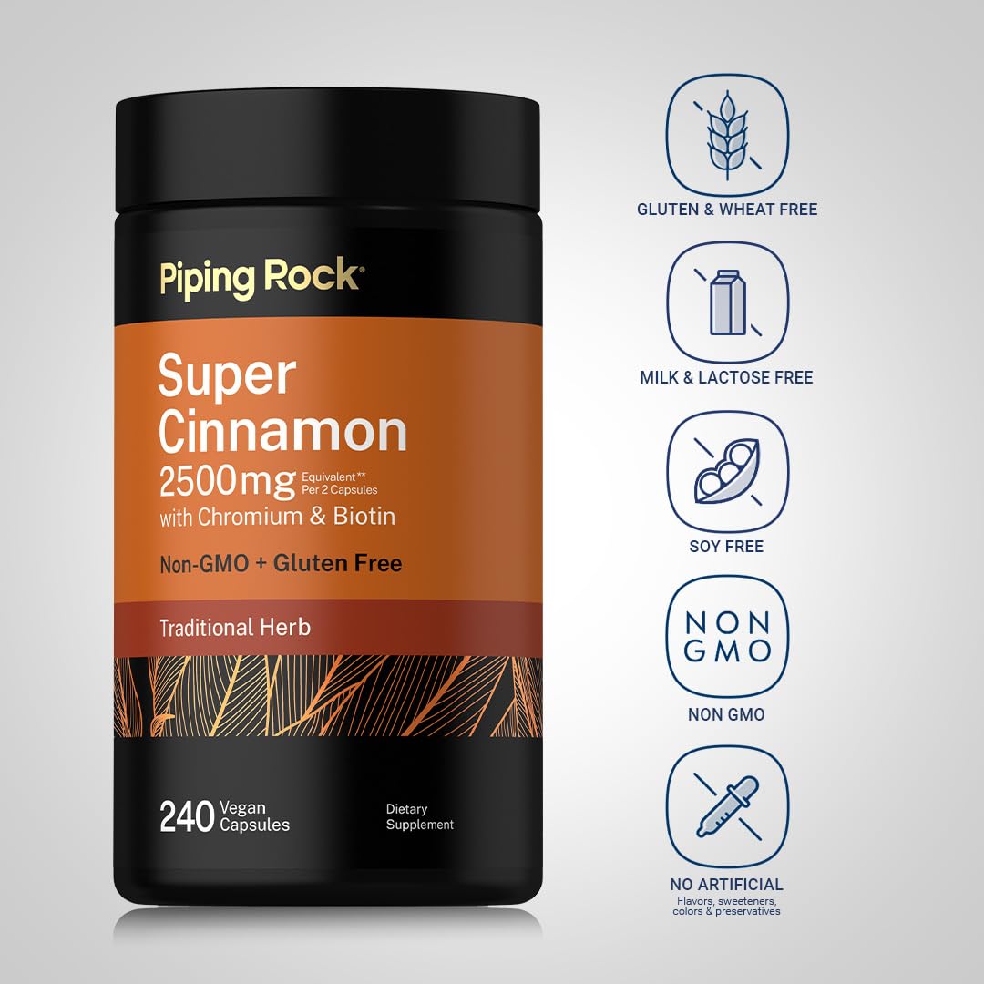 Piping Rock Super Ceylon Cinnamon Complex Capsules | 240 Powder Pills | Extract Supplement with Chromium and Biotin | Vegetarian, Non-GMO, Gluten Free