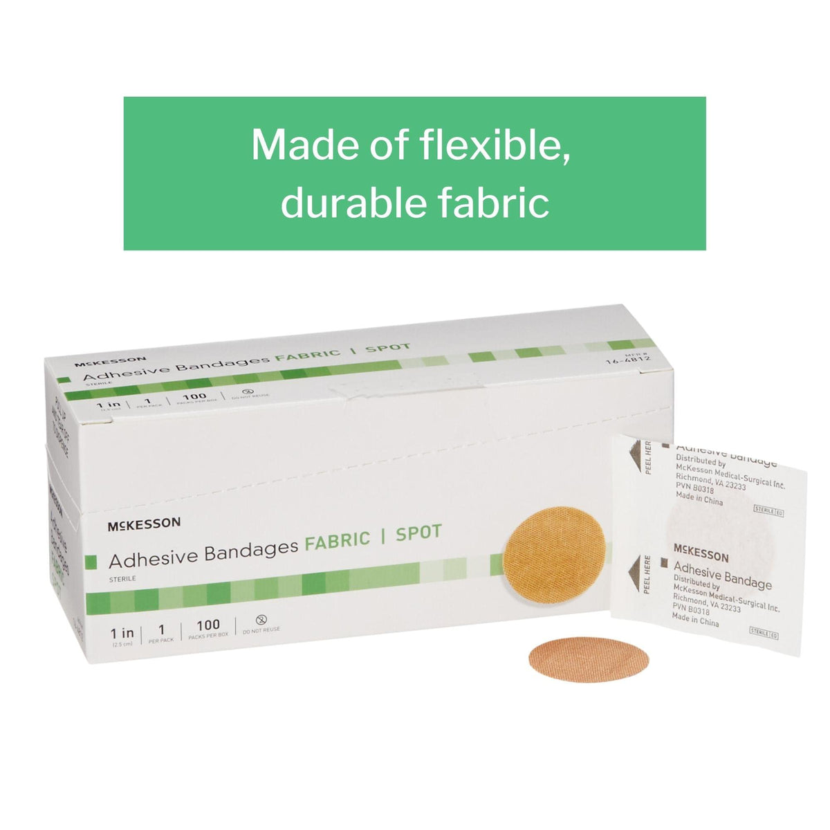 McKesson Adhesive Bandages, Sterile, Fabric, Tan, 1 in, 100 ct