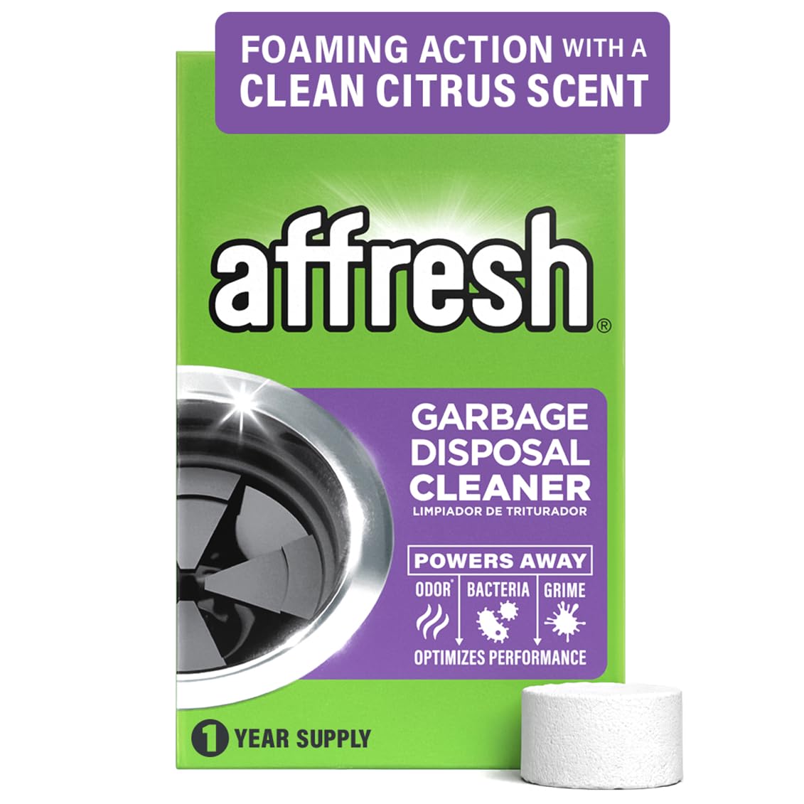 Affresh Garbage Disposal Cleaner, Helps Power Away Odor Causing Bacteria, Debris & Grime in Grind Chamber, Impeller & Drain Pipe, 12 Tablets, 1 Year Supply
