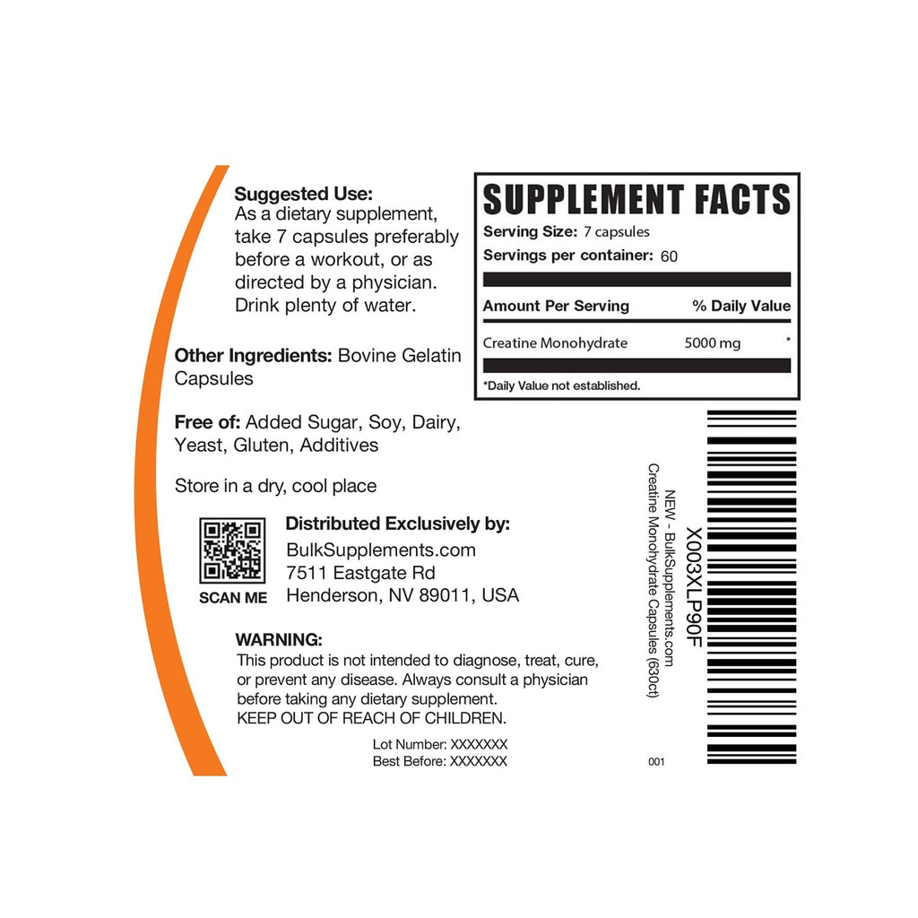BulkSupplements.com Creatine Monohydrate Capsules - Micronized Creatine Pills - Gluten Free, 7 Capsules per Serving (5000mg), 420 Count (Pack of 1)