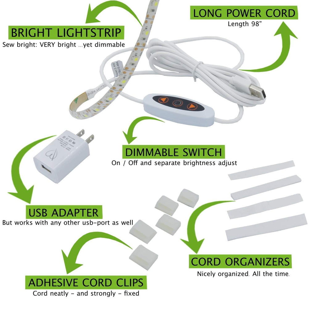 Madam Sew LED Sewing Machine Light Strip with USB Dimmer | 12-Inch Trimmable Flexible Strip Stick On Sewing Light, 24 Daylight LED at 6500K with 3 Adhesive Clips | Fits Most Sewing & Quilting Machines