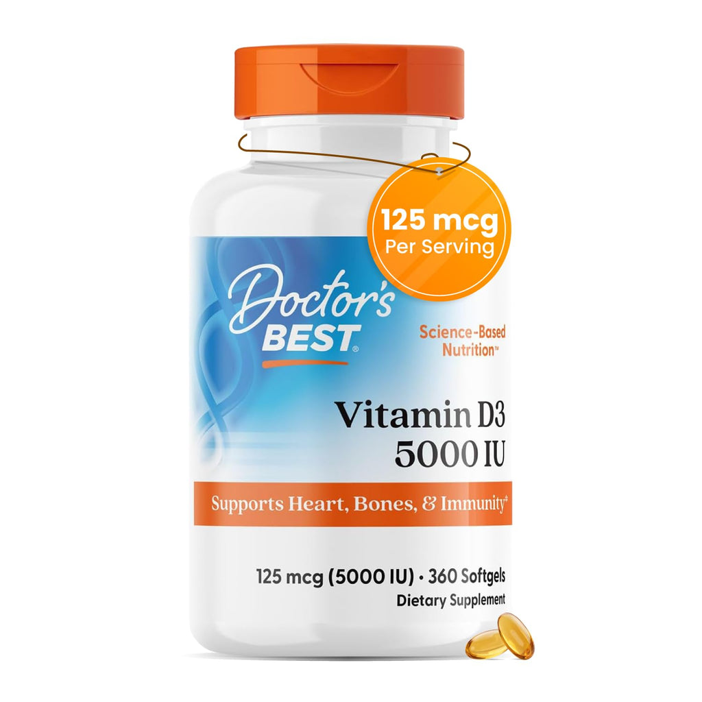Doctor's Best Vitamin D3 5000IU, Non-GMO, Gluten & Soy Free, Regulates Immune Function, Supports Healthy Bones, White, No Flavour, 180 Count