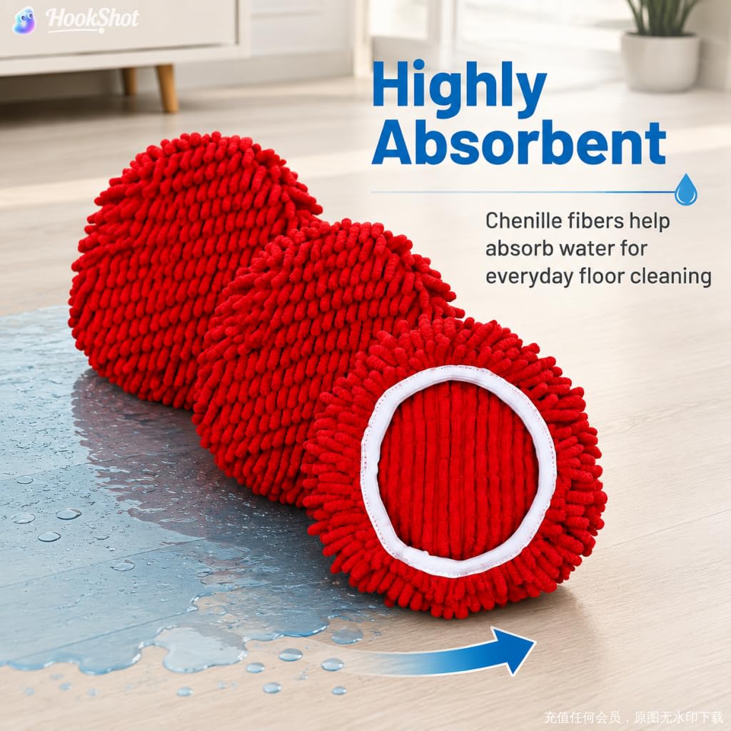 3 Pack Spin Mop Replacement Heads Compatible with O-Cedar EasyWring, Chenille Microfiber Mop Refills, Washable & Reusable Mop Head for Hardwood, Tile, Laminate and Marble Floors, Red