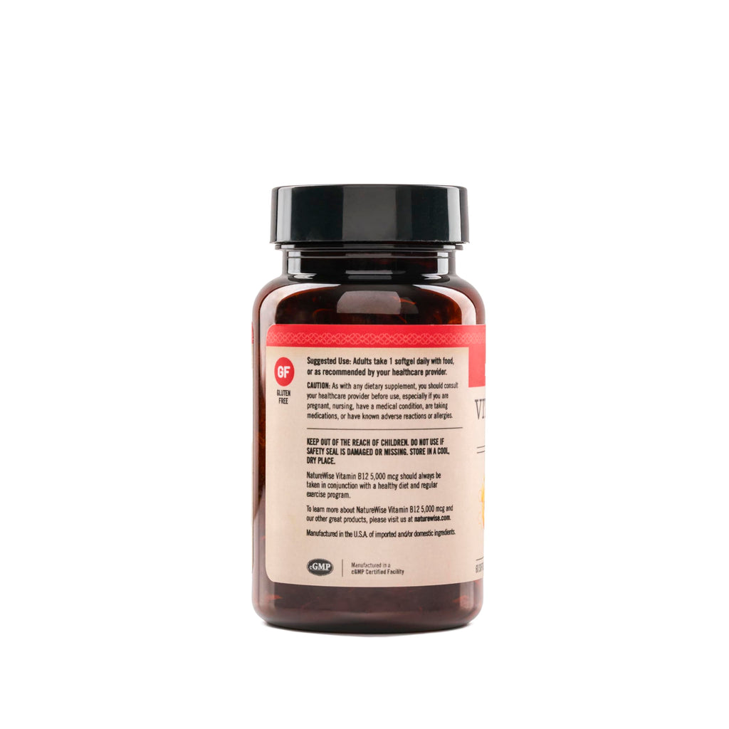 NatureWise Vitamin B12 5000 mcg - Extra Strength - Supplement for Supporting Energy Levels, Mental Clarity, Nervous System Health - Easy-to-Swallow, Soy and Gluten-Free, Non-GMO - 60 Softgels
