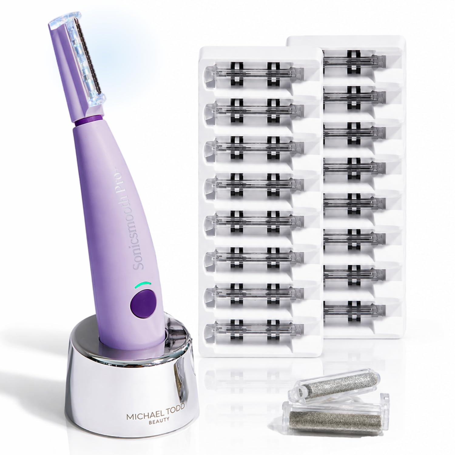Michael Todd Beauty Sonicsmooth Pro+ Dermaplaning System & Eyebrow Trimmer | Peach Fuzz Removal, Dermaplane Razor for Women Face w/ 16 Blades & 2 Microsmooth Exfoliation Tips, LED Light, 3-Year Warranty