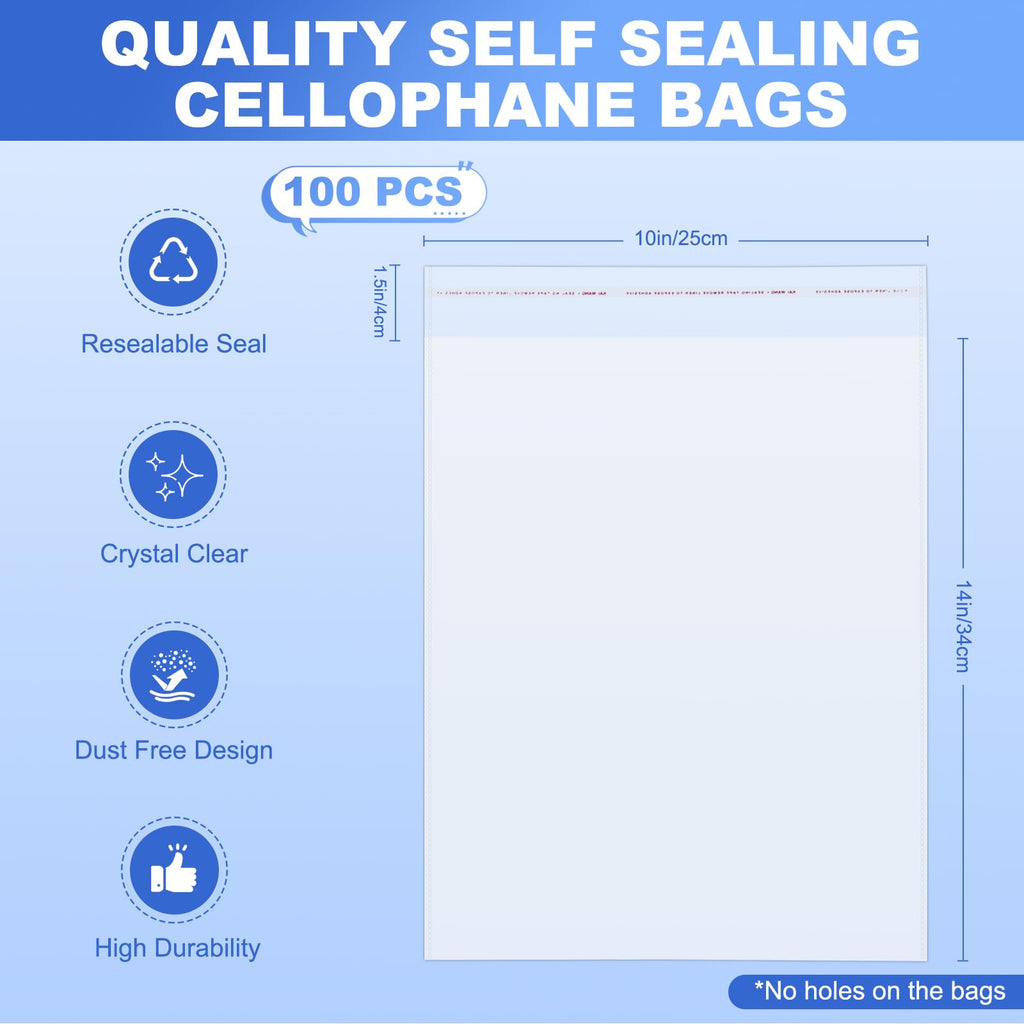 100 Pcs (10x14 Inch) Self Sealing Cellophane Bags