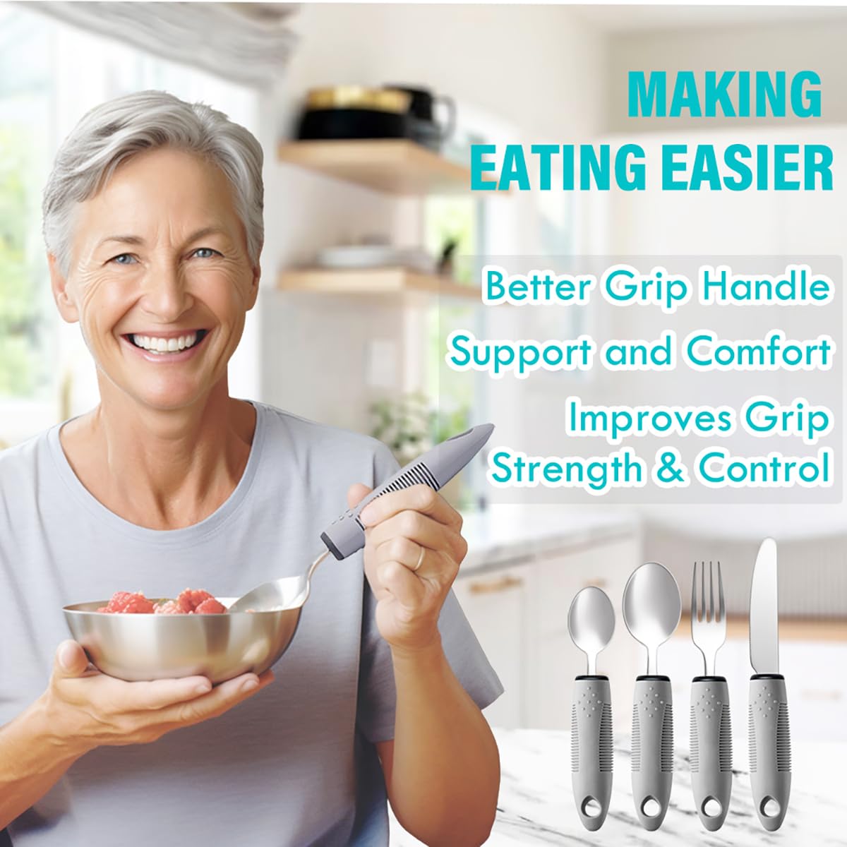 Nourislif Adaptive Utensils 4pcs For Hand Tremors,Elderly, Arthritis,Parkinsons-Built Up Utensils For Adults 2.5oz Each, Silverware Set With Handle, Flatware Cutlery Set For Seniors