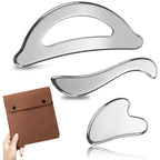 Rena Chris Gua Sha & Muscle Scraper Tool, Stainless Steel Body & Face Gua Sha Set for Deep Tissue Massage & Lymphatic Drainage, Guide & Travel Pouch Included (3-Piece Kit)