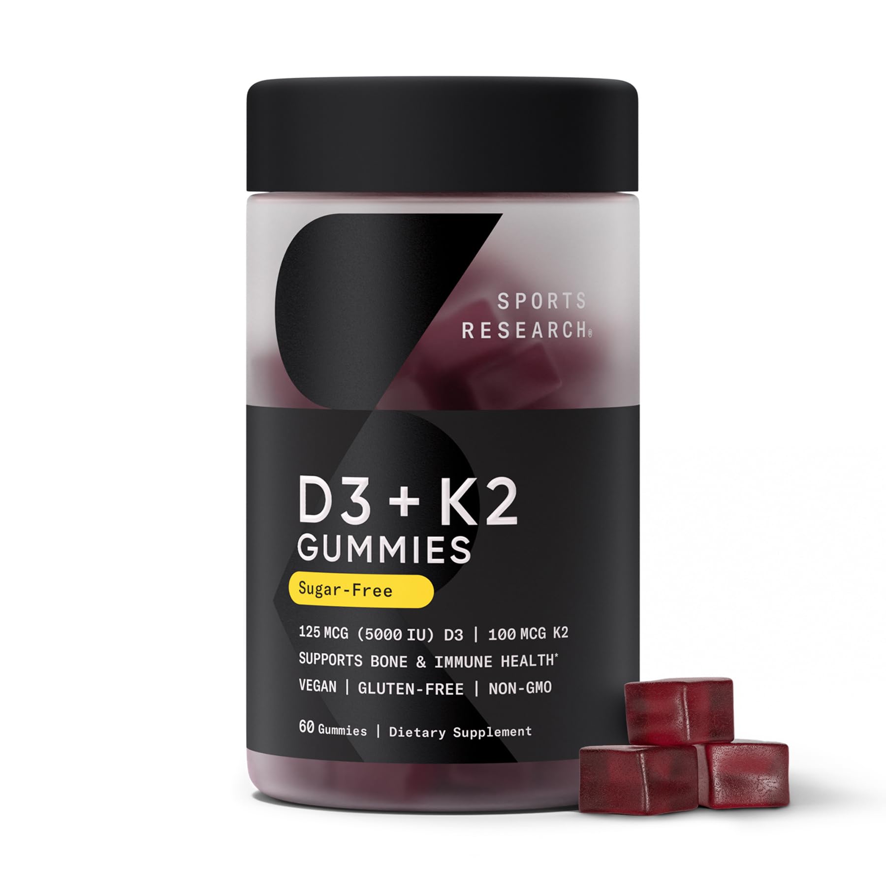 Sports Research® Vegan Vitamin D3 + K2 Sugar-Free Gummies, 60 Count | 125mcg (5000iu) Vitamin D w/ 100mcg Mk7 Vitamin K - Supports Bone & Immune Health* - Vegan Certified · Non-GMO · Soy Free
