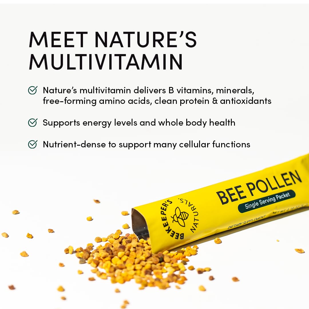 Beekeeper's Naturals 100% Raw Bee Pollen Stick Packs, Amino Acids, 15ct | Natural Preserved Enzymes, Source of Vitamin B, Minerals, Amino Acids & Protein, Paleo & Keto Friendly, Gluten Free