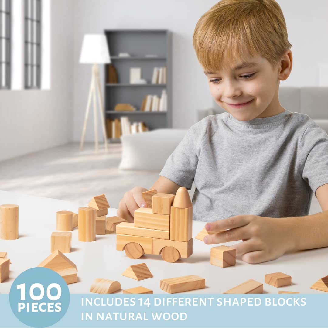 Buy now Wooden Blocks Set - 100 Pc Natural Colored Wood Building Block Toys- 100% Real Wood, 14 Different Shapes, Great Gift for Kids or School Project, Hands On Indoor Activity Play- Build, Stack and Create at indiglob india