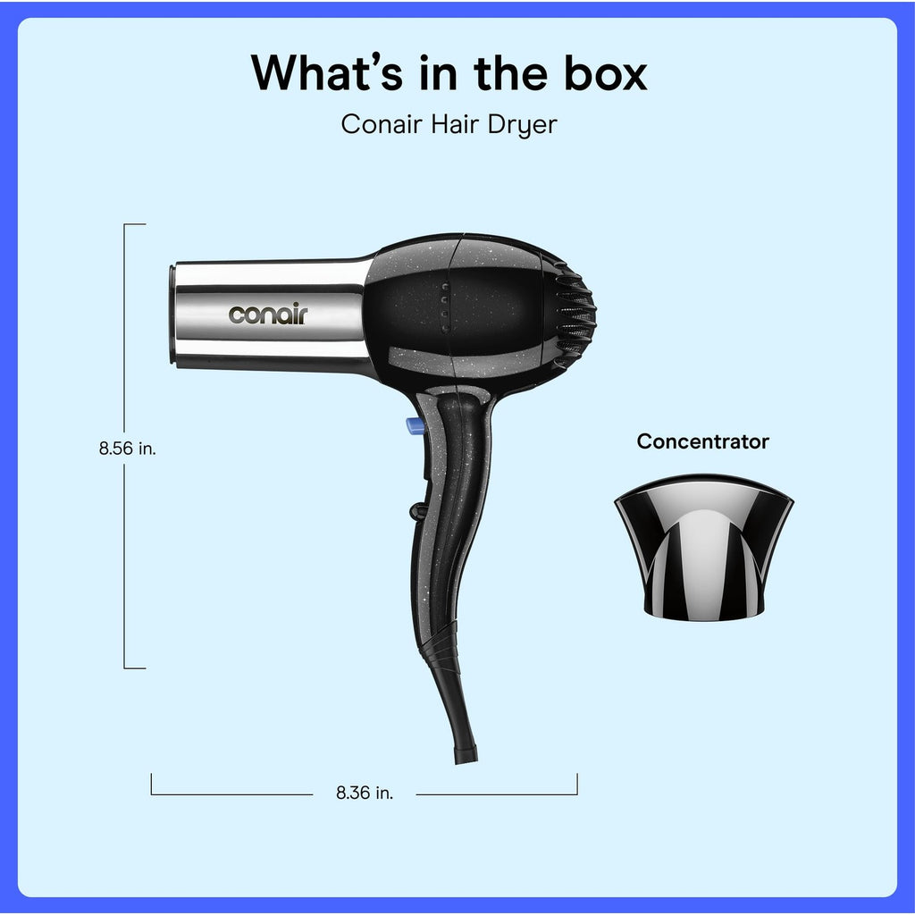 Conair Ionic Hair Dryer with Concentrator Attachment, 1875W, Full Size | Fast-drying blow dryer with various heat and speed settings and a lightweight design for effortless everyday styling
