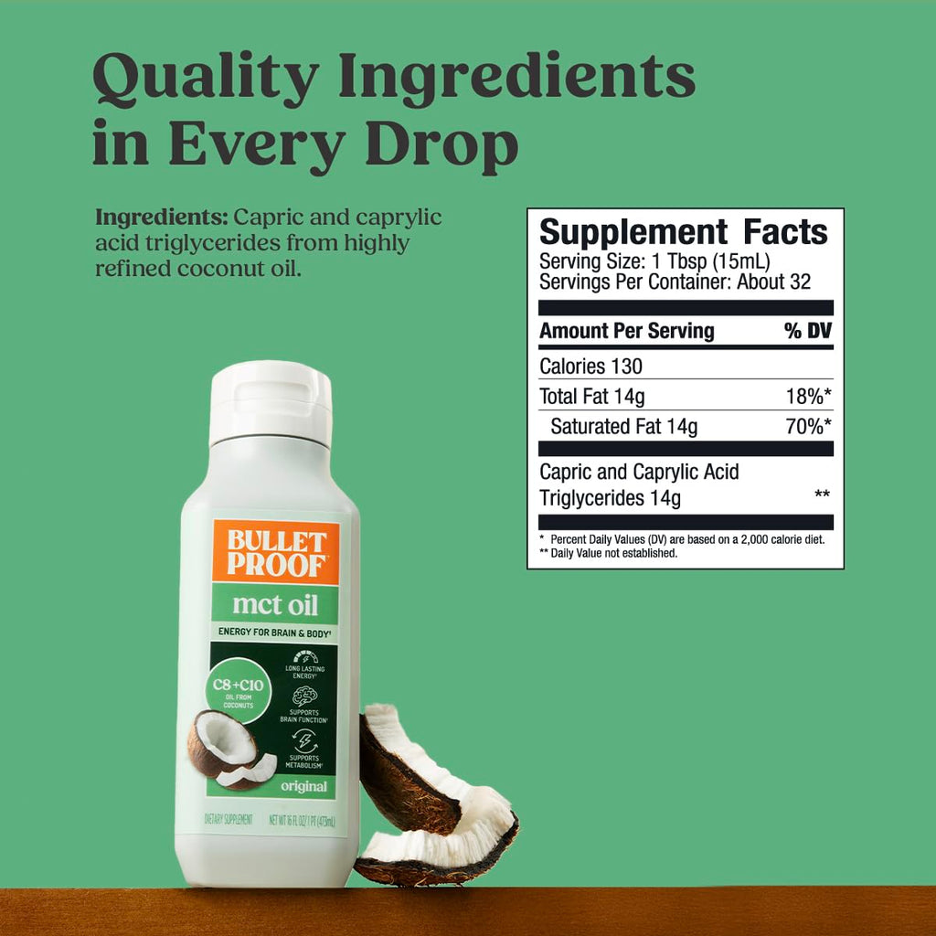 Bulletproof C8 & C10 MCT Oil, 100% Pure Coconut Oil, Unflavored, 16 oz | Triple-Distilled for Sustained Keto Energy, No Additives or Fillers, Non-GMO