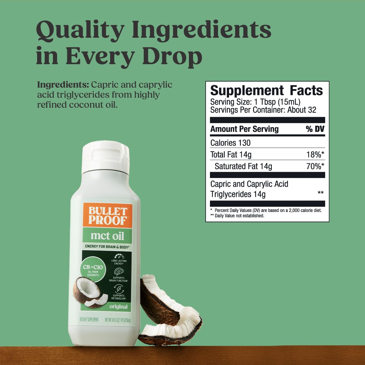 Bulletproof C8 & C10 MCT Oil, 100% Pure Coconut Oil, Unflavored, 16 oz | Triple-Distilled for Sustained Keto Energy, No Additives or Fillers, Non-GMO
