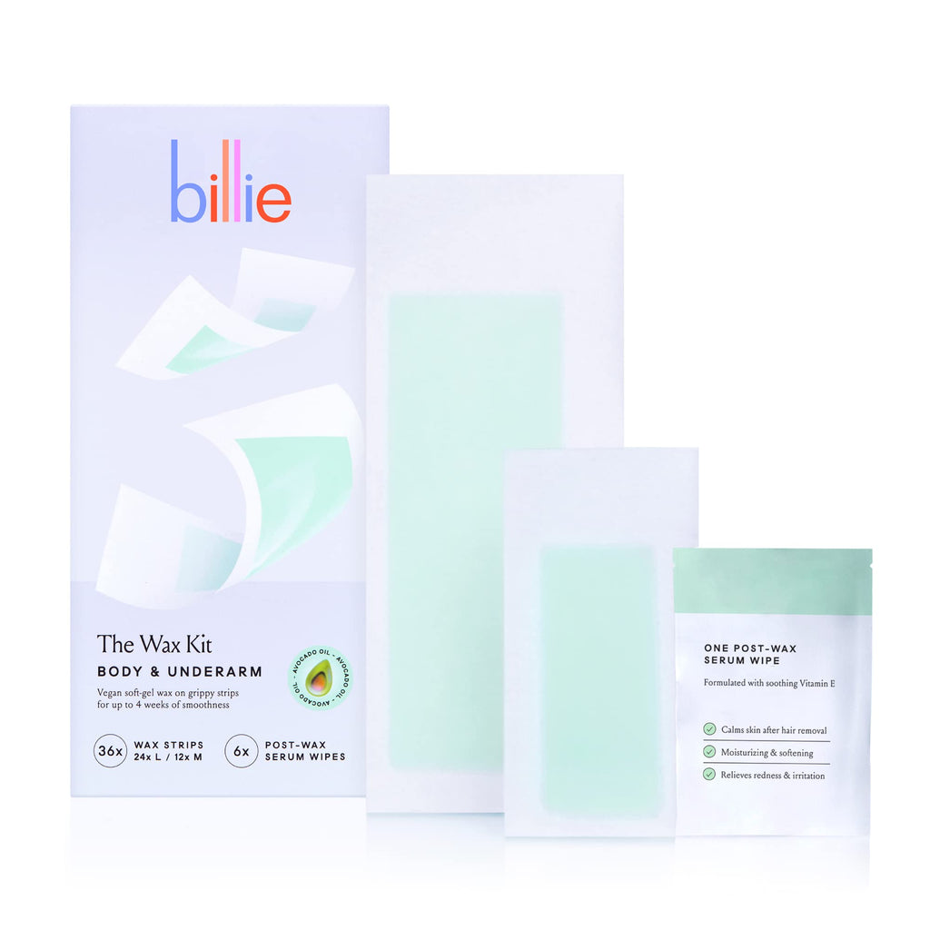 Billie Wax Kit - Face & Bikini - 32 wax strips - 6 post-wax serum wipes | Soft wax strips for hair removal, Lasts up to 4 weeks, No heat, Made with avocado oil, Includes post-removal wipes, Vegan