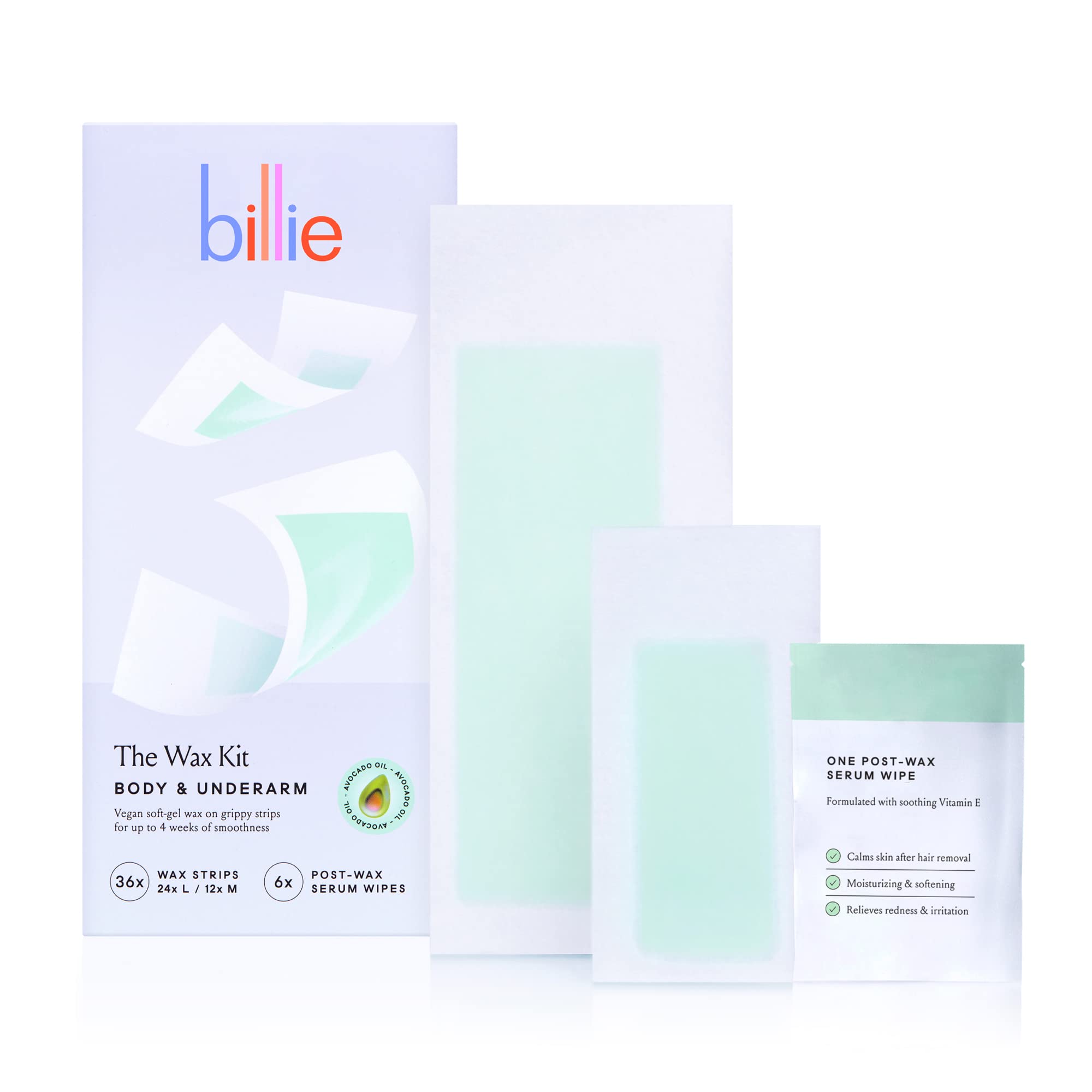 Billie Wax Kit - Face & Bikini - 32 wax strips - 6 post-wax serum wipes | Soft wax strips for hair removal, Lasts up to 4 weeks, No heat, Made with avocado oil, Includes post-removal wipes, Vegan