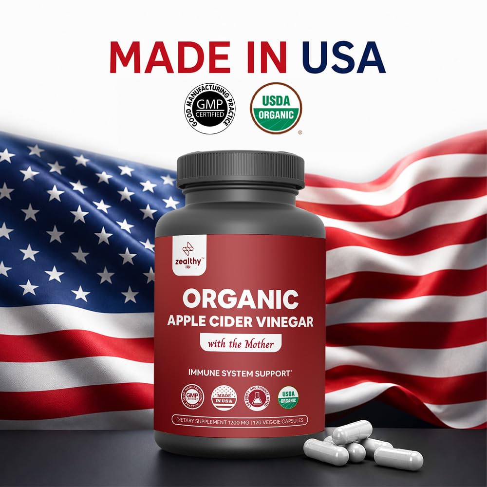 Organic Apple Cider Vinegar with The Mother – 1200mg Capsules for Optimal Wellness, Gluten-Free, Non-GMO, 120 Veggie Capsules – Zealthy Life