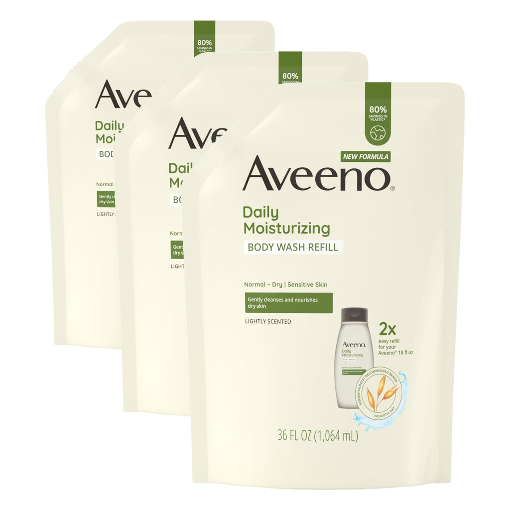 Aveeno Daily Moisturizing Body Wash Refill Pouch, 36 fl. oz | For Sensitive Skin, Light Fragrance, Formulated with Prebiotic Oat, Gently Cleanses, Nourishes Dry Skin