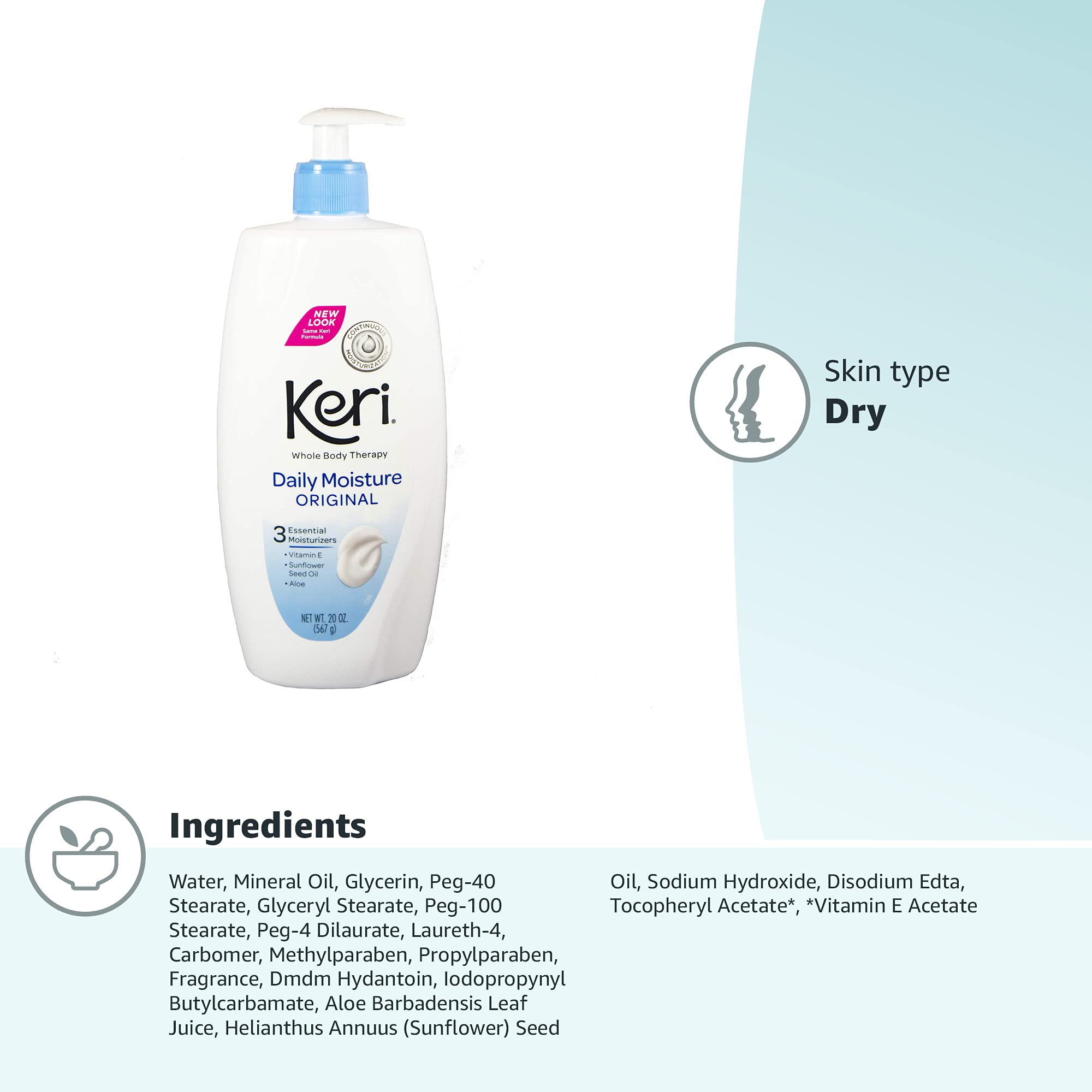 Keri Whole Body Therapy Original, Continuous Moisturization, 3 Essential Moisturizers (Vitamin E, Aloe and Sunflower Seed Oil), 20 Oz