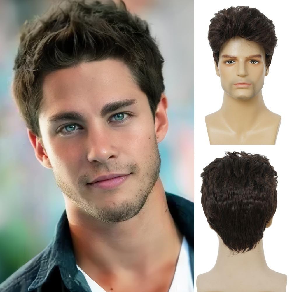 Buy now Kaneles Mens Short Curly Black Wig with Bang Costume Halloween Cosplay Party Natural Hair Wig Brown1 at indiglob india