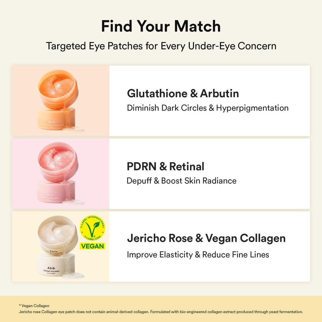 Abib Vegan Collagen Eye Patches for Wrinkles & Fine Line with Jericho Rose Jelly & Peptides, 60 Count, Korean Skin Care