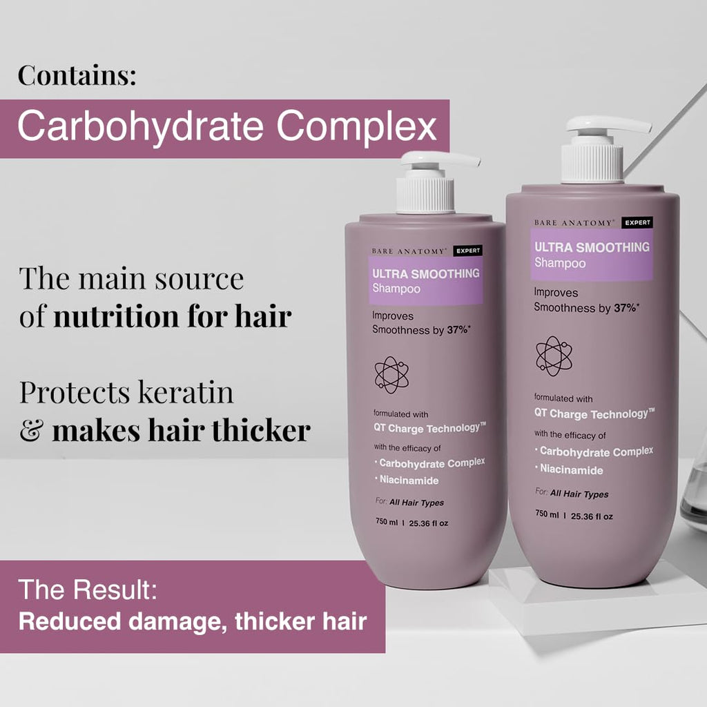 Bare Anatomy Ultra Smoothing Shampoo for Dry and Frizzy Hair | Restores Smoothing & Texture by 37% | Powered By Carbohydrate Complex & Niacinamide | SLS & Paraben Free | Vegan | For Men & Women 750ml