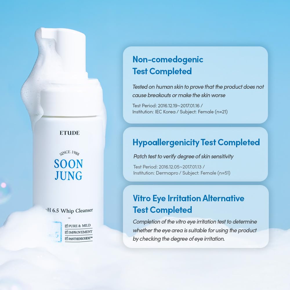 ETUDE SoonJung pH 6.5 Whip Face Cleanser for Sensitive Skin, 5.07 fl oz | Vegan, non-comedogenic face cleanser creates mild microfoam to cleanse sensitive skin without stripping moisture.