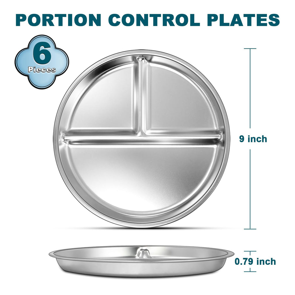 EWFEN Stainless Steel Toddler Plate Set of 6, 9" Portion Control Plates Divided Plate for Adults Kids Balance Lunch, Non Slip | Unbreakable Toddler Baby Feeding Set Dishwasher Safe