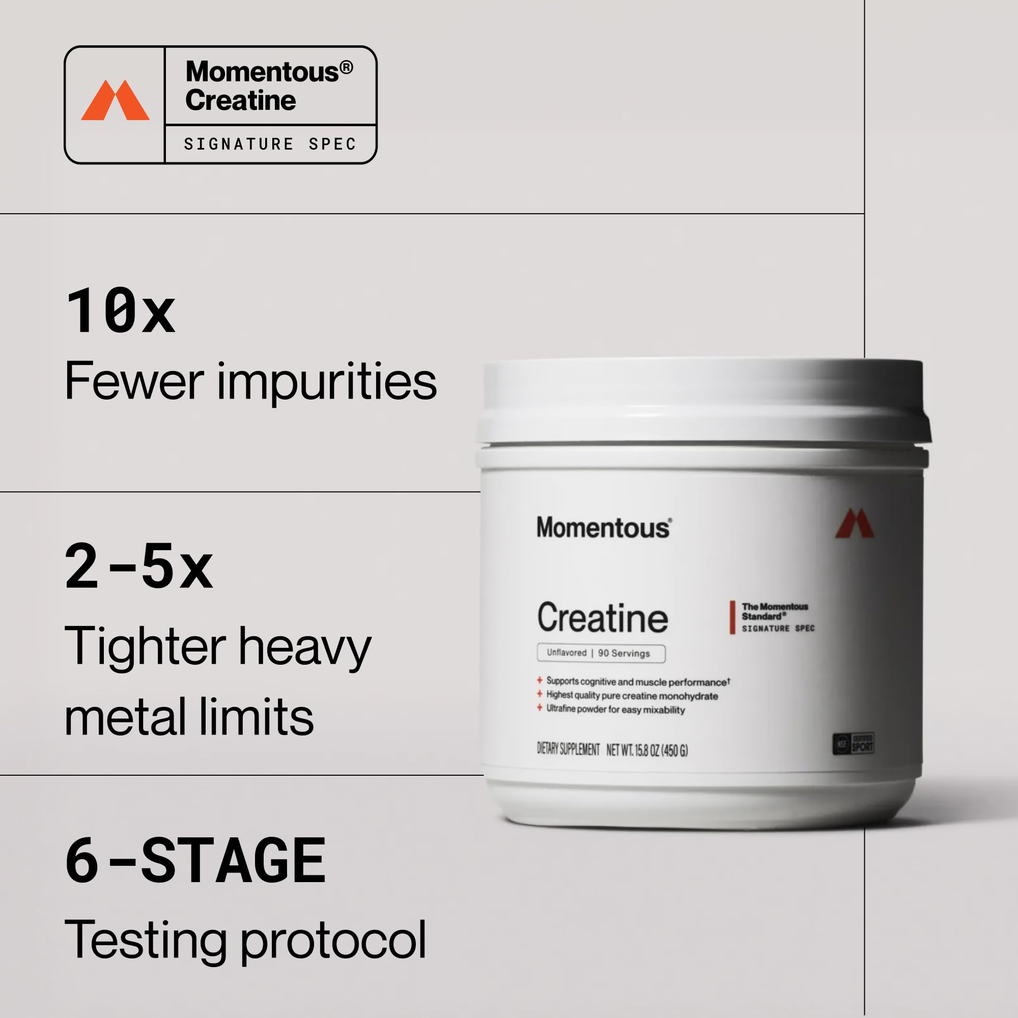 Momentous Creatine Monohydrate Powder, 5g per Serving, Unflavored | Supports Lean Muscle, Strength, Recovery, & Cognitive Function, NSF Certified for Sport, Non-GMO & Gluten-Free (90 Servings)