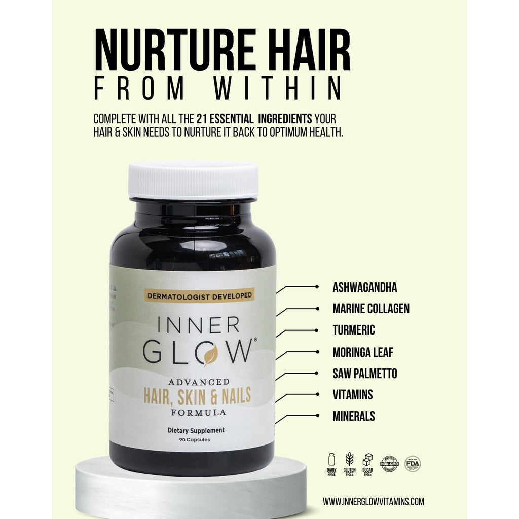 Inner Glow Advanced Hair, Skin & Nails Vitamins – Doctor-Developed Hair Supplement with Biotin, Collagen Peptides, Vitamin D & B12 – Clinically Tested 12-Week Results, Made in USA, Non-GMO